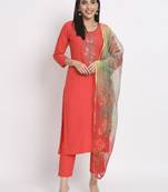 Red colour embroidery cotton party wear kurta set
