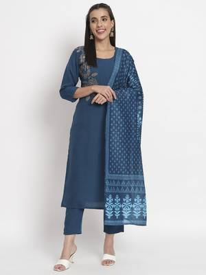Blue colour embroidery cotton party wear kurta set 1