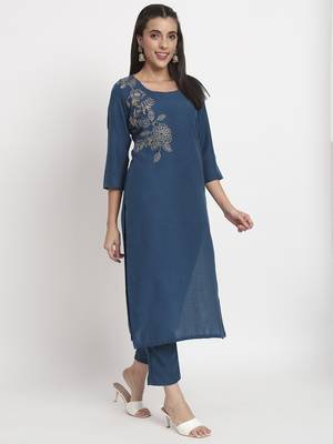 Blue colour embroidery cotton party wear kurta set 3