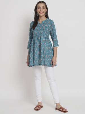 Blue colour printed cotton party wear kurta 1