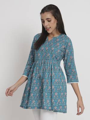 Blue colour printed cotton party wear kurta 2