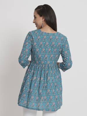 Blue colour printed cotton party wear kurta 4