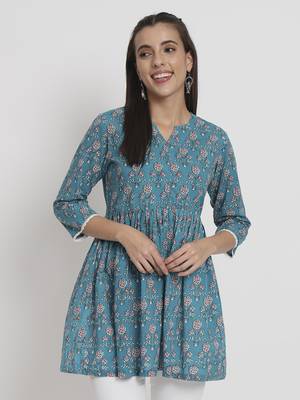 Blue colour printed cotton party wear kurta 5