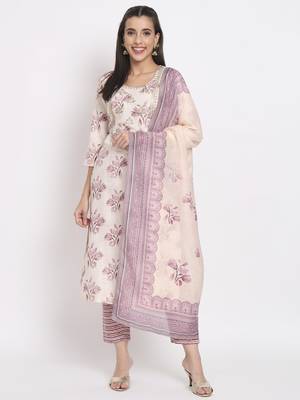 Beige colour printed cotton party wear kurta set 1