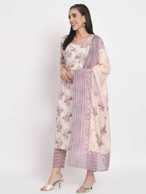 Beige colour printed cotton party wear kurta set 2