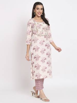 Beige colour printed cotton party wear kurta set 3
