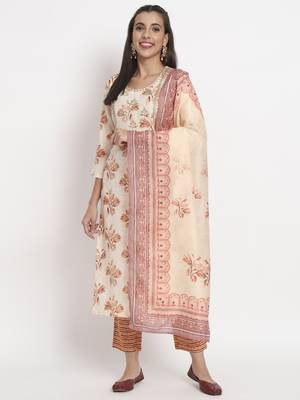 Cream colour printed cotton party wear kurta set 1