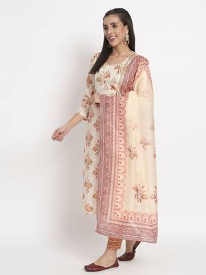 Cream colour printed cotton party wear kurta set 2