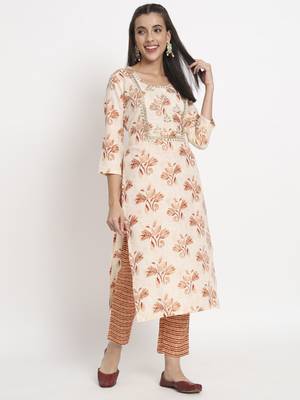Cream colour printed cotton party wear kurta set 3