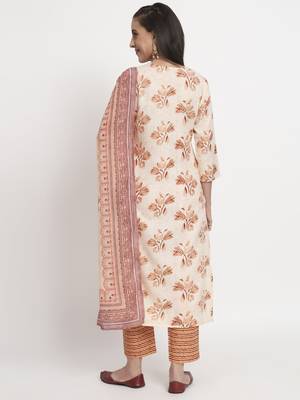 Cream colour printed cotton party wear kurta set 4