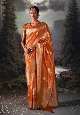Orange colour jacquard organza zari weaving saree with blouse 1
