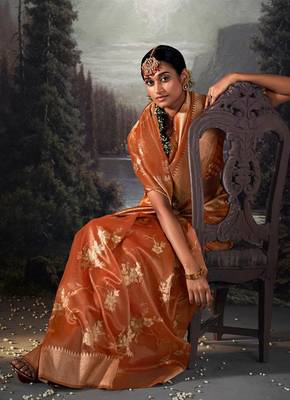 Orange colour jacquard organza zari weaving saree with blouse 2