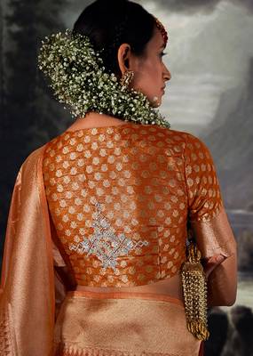 Orange colour jacquard organza zari weaving saree with blouse 3