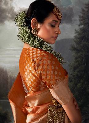 Orange colour jacquard organza zari weaving saree with blouse 4