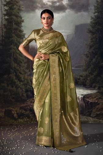 Mehendi colour jacquard organza zari weaving saree with blouse
