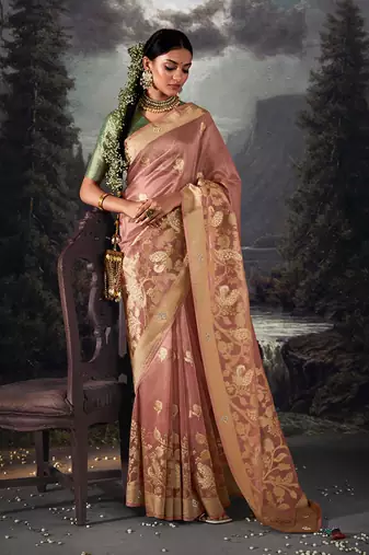 Mauve colour jacquard organza zari weaving saree with blouse