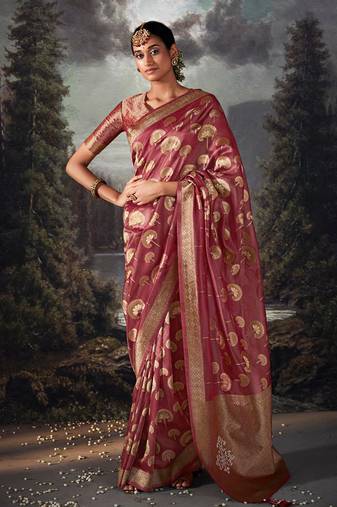 Crimson colour jacquard organza zari weaving saree with blouse