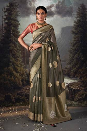 Dark grey colour jacquard organza zari weaving saree with blouse