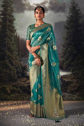 Blue colour jacquard organza zari weaving saree with blouse