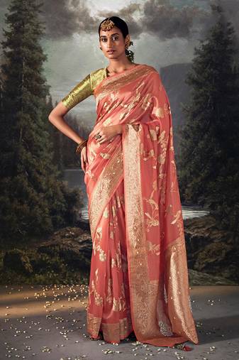 Coral colour jacquard organza zari weaving saree with blouse