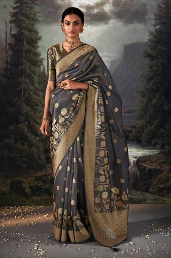 Dark grey colour jacquard organza zari weaving saree with blouse