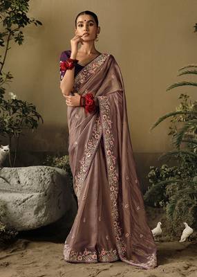 Brown colour tissue silk embroidered saree with blouse 1