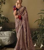 Brown colour tissue silk embroidered saree with blouse