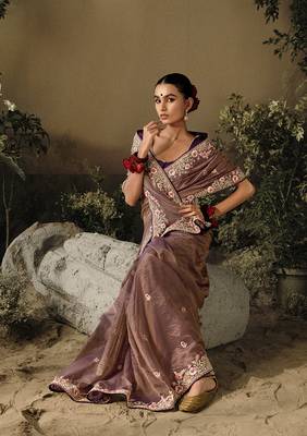 Brown colour tissue silk embroidered saree with blouse 2