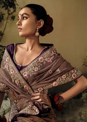 Brown colour tissue silk embroidered saree with blouse 3