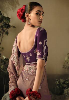 Brown colour tissue silk embroidered saree with blouse 4