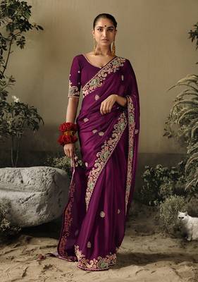 Dark purple colour tissue silk blend embroidered saree with blouse 1