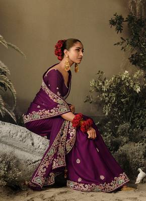 Dark purple colour tissue silk blend embroidered saree with blouse 2