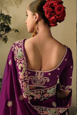 Dark purple colour tissue silk blend embroidered saree with blouse 3