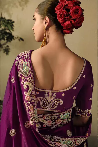Dark purple colour tissue silk blend embroidered saree with blouse