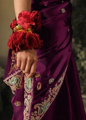 Dark purple colour tissue silk blend embroidered saree with blouse 4