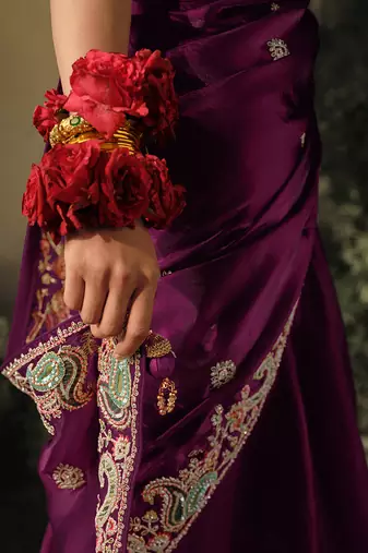 Dark purple colour tissue silk blend embroidered saree with blouse