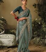 Slate grey colour tissue silk embroidered saree with blouse