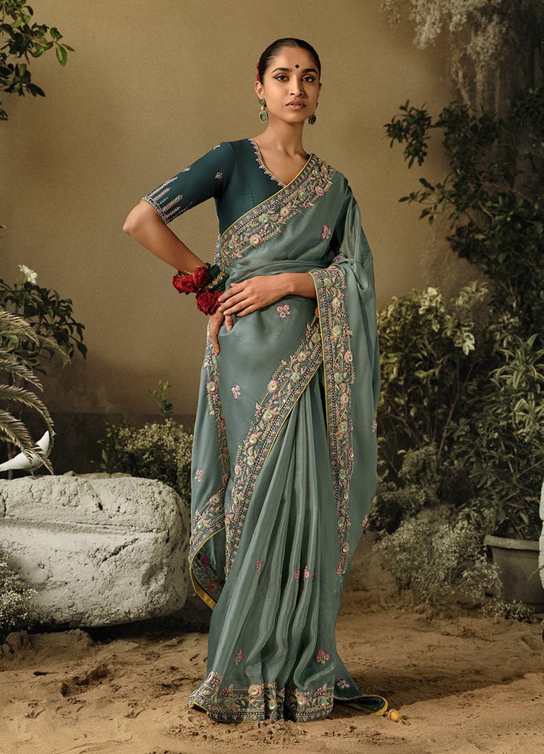 Slate grey colour tissue silk embroidered saree with blouse