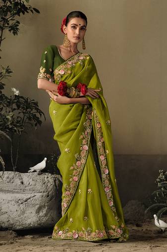 Olive colour tissue silk embroidered saree with blouse