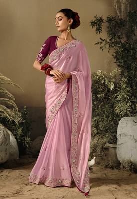 Baby pink colour tissue silk blend embroidered saree with blouse 1