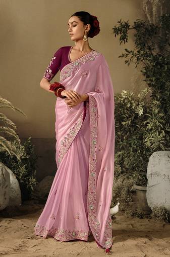 Baby pink colour tissue silk embroidered saree with blouse