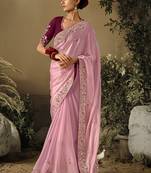 Baby pink colour tissue silk embroidered saree with blouse