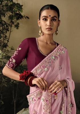 Baby pink colour tissue silk blend embroidered saree with blouse 2