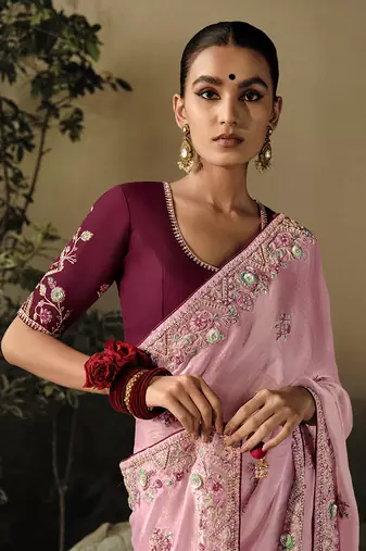 Baby pink colour tissue silk blend embroidered saree with blouse