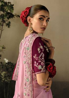 Baby pink colour tissue silk blend embroidered saree with blouse 3