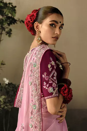 Baby pink colour tissue silk blend embroidered saree with blouse