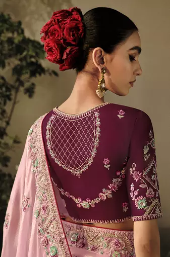 Baby pink colour tissue silk blend embroidered saree with blouse