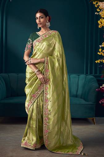 Olive colour embroidered Faux kanjivaram banarasi silk saree with blouse