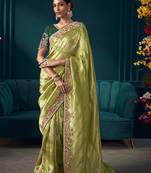 Olive colour embroidered Faux kanjivaram banarasi silk saree with blouse