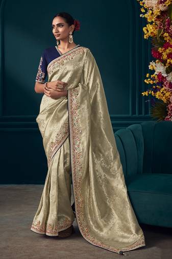 Beige colour embroidered Faux kanjivaram banarasi silk saree with blouse